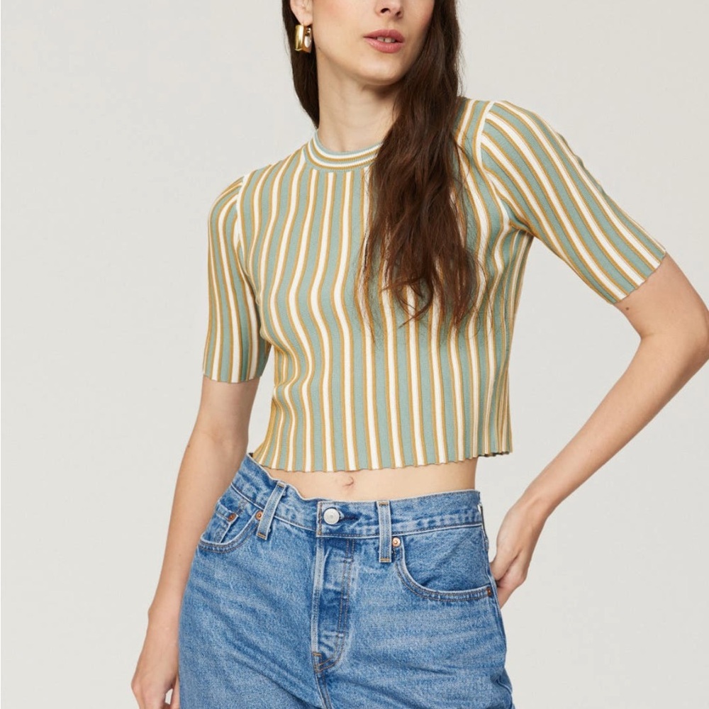 Club Monaco Green Striped Rib Crew Top